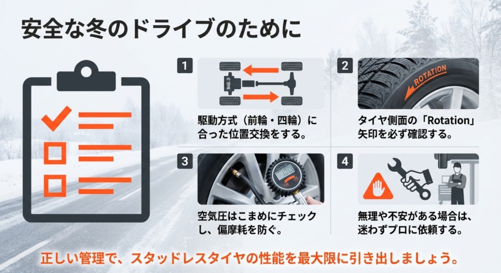 駆動方式の確認、回転方向のチェック、空気圧管理など、スタッドレスタイヤ管理の重要ポイントまとめ