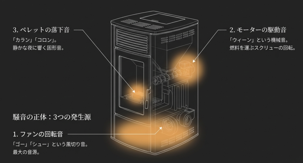 騒音の正体である3つの発生源。1.ファンの回転音（風切り音）、2.モーターの駆動音（スクリュー回転）、3.ペレットの落下音（カランコロンという固形音）