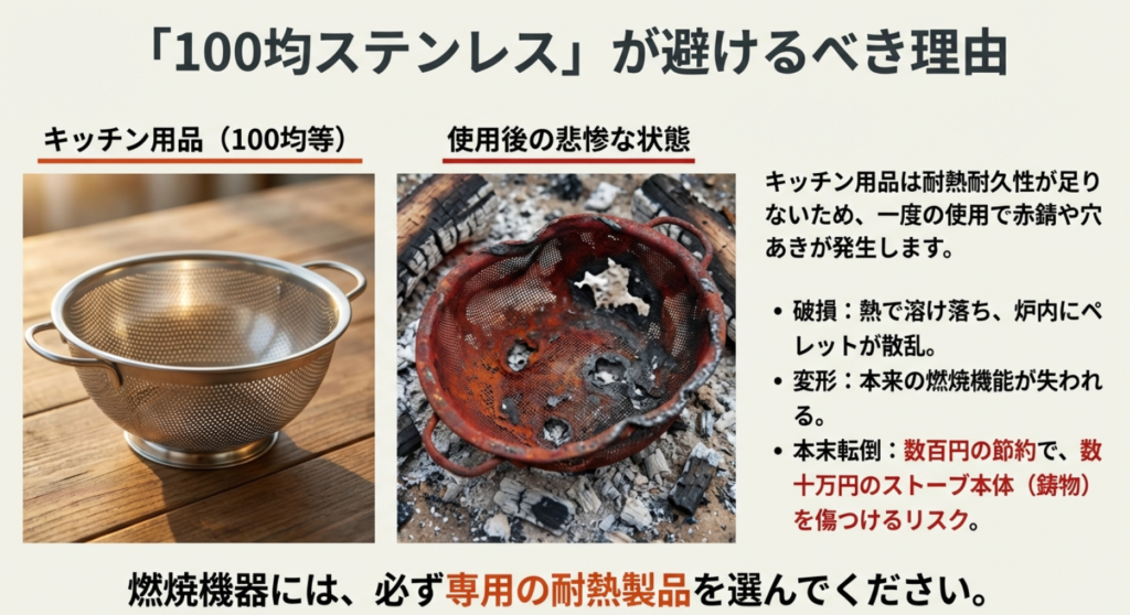 100均ステンレスザルを薪ストーブで使用した後の変形と錆び・耐久性比較