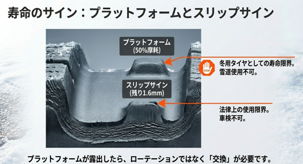 50%摩耗を示すプラットフォームと、残り1.6mmを示すスリップサインの比較図