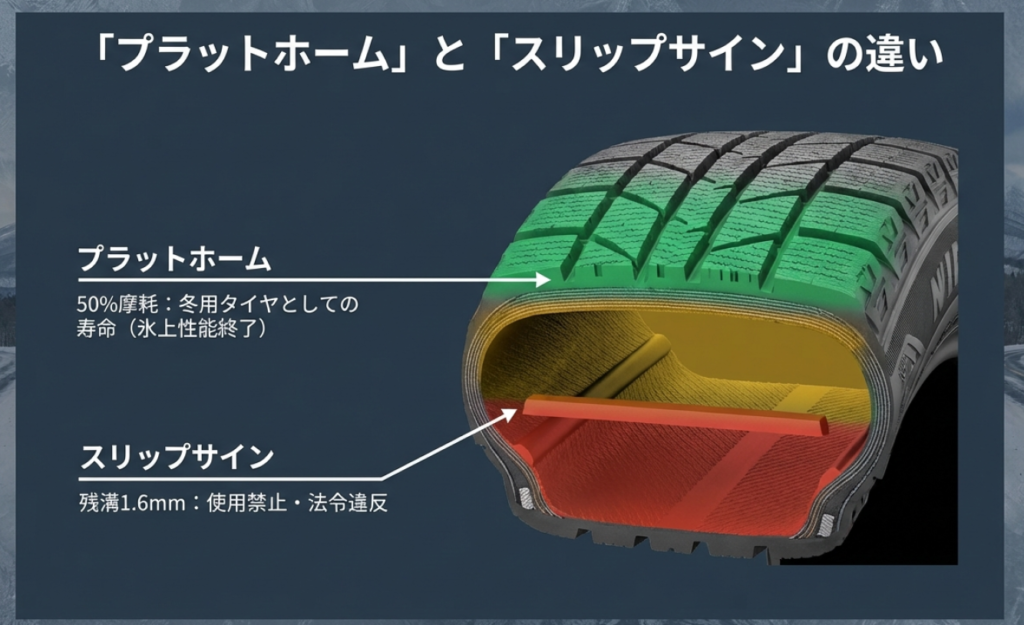 50%摩耗を示す冬用タイヤの寿命であるプラットホームと、使用禁止法令違反となる残溝1.6mmのスリップサインの違い