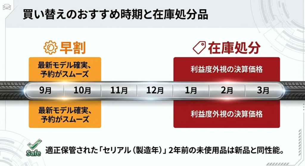 9月〜10月の早割と1月〜3月の在庫処分品など、賢く買い替えるための時期別カレンダー