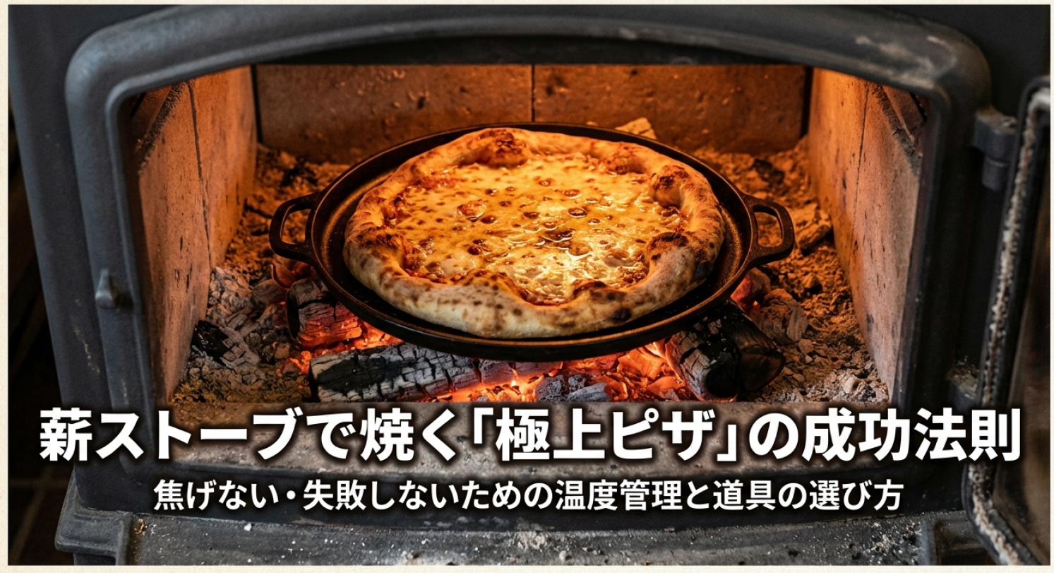 薪ストーブでのピザ焼きマニュアルの表紙。焦げない温度管理と道具選びのガイド