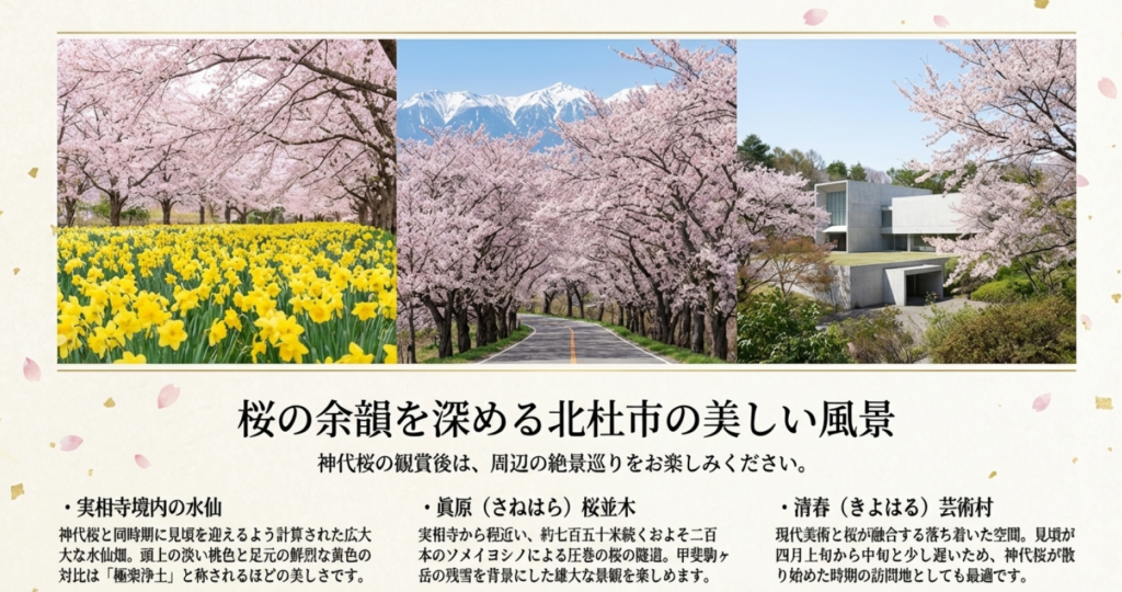 実相寺境内の水仙、眞原桜並木、清春芸術村などの周辺風景の写真