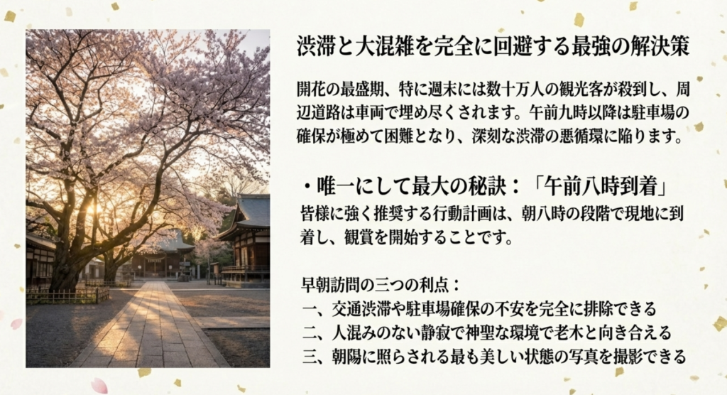 朝陽に照らされる美しい桜の風景と、混雑回避のための「午前八時到着」を推奨する利点