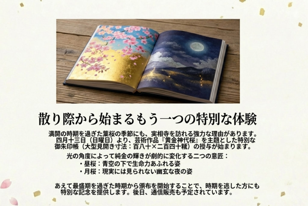 純金の輝きが変化する『黄金神代桜』の昼桜と月桜の特別御朱印の案内