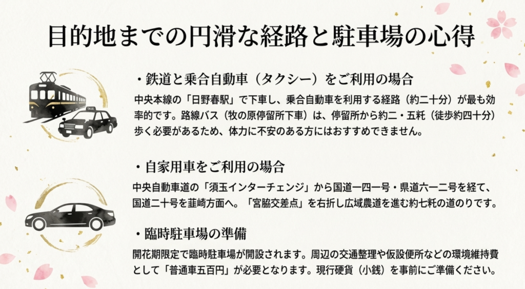 鉄道(日野春駅)と自家用車(須玉インターチェンジ)でのアクセス経路と臨時駐車場の案内